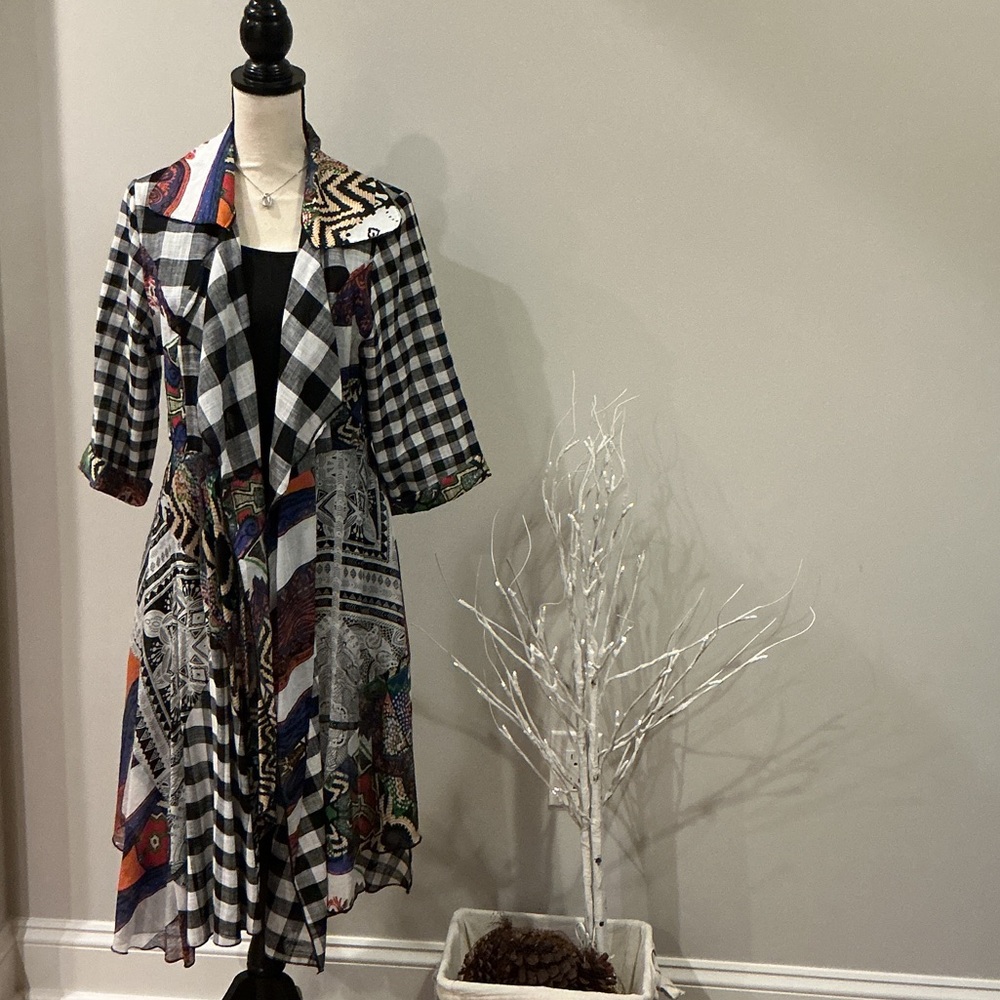 Bohemian Black & White Mixed-Print Duster Jacket